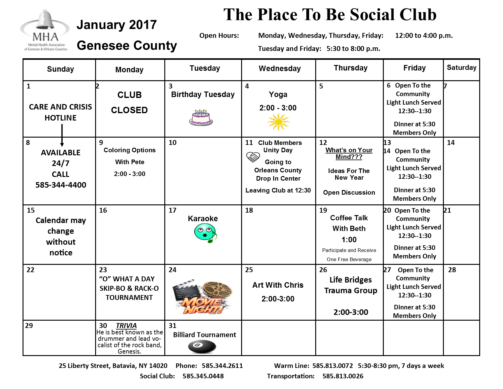Club Calendars Mental Health Association